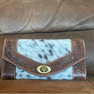 Myra Bag Clutch Brown and Light Grey Cowhide Floral Leather